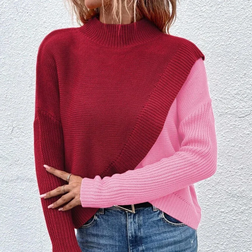 Multicolor Casual Women's Color Block Stand Collar Wrap Sweater - Picture 4 of 6